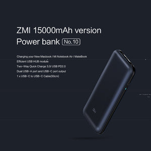 Xiaomi ZMI 15000mAh USB-C Power Bank USB PD 2.0 Power Delivery Quick Charge 3.0 with Type-C Charger for Macbook Mi laptop